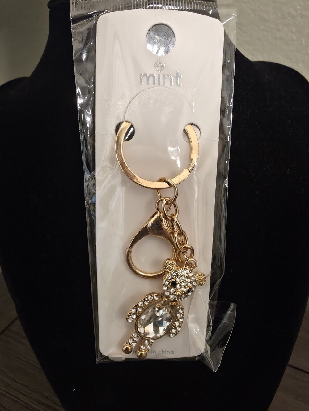 Mint Gold-tone Crystal Teddy Bear Key & Card Holder Charm